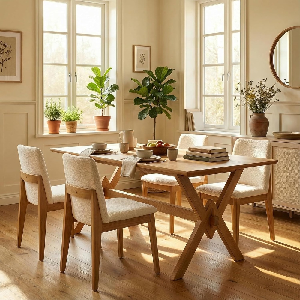 image:imageChristopher Knight Home Cody Mid Century Modern Dining Table Set for 4 Upholstered Dining Chairs and 63 Double V Base Table Set 5 Piece Wooden Rectangular Dining Room Table Set for 4 BeigeNatural