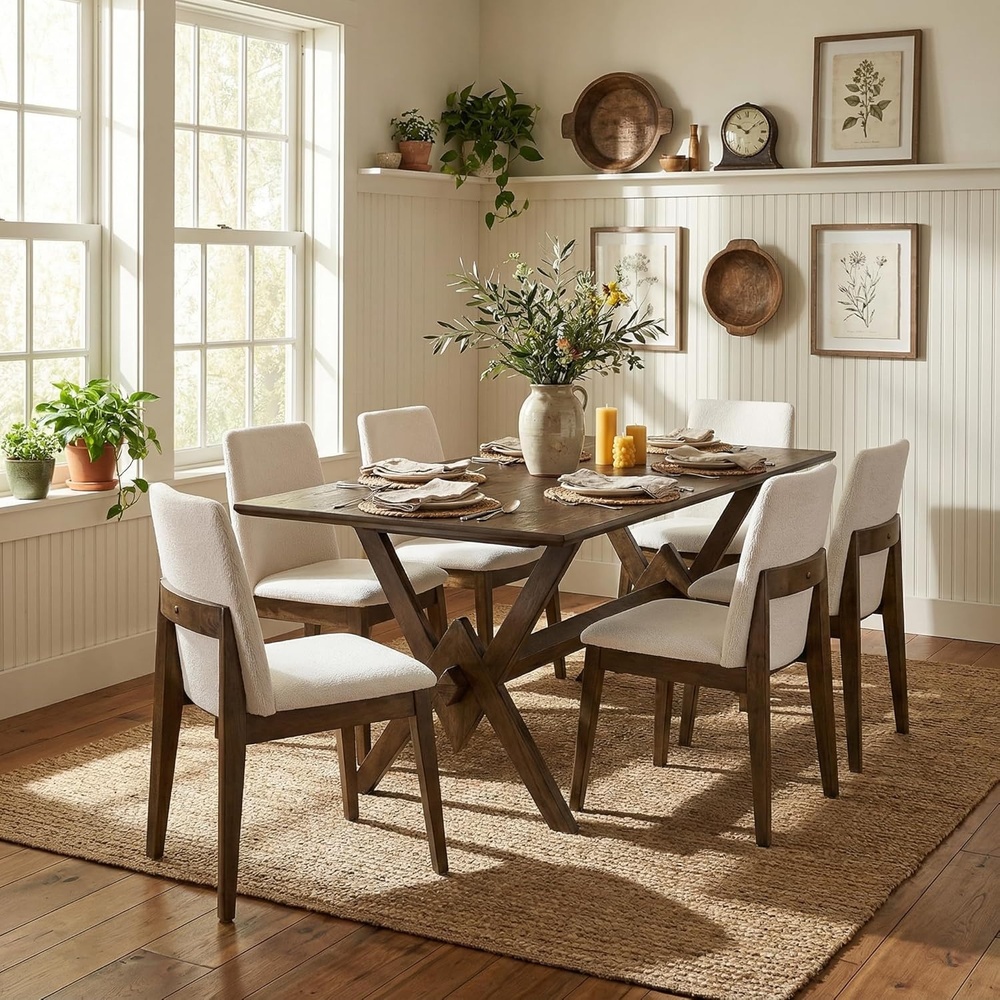 image:imageChristopher Knight Home Freya Mid Century Modern Dining Table Set for 6 Upholstered Dining Chairs and 63 Double V Base Table Set 7 Piece Wooden Rectangular Dining Room Table Set for 6BeigeNaturalBeigewalnut