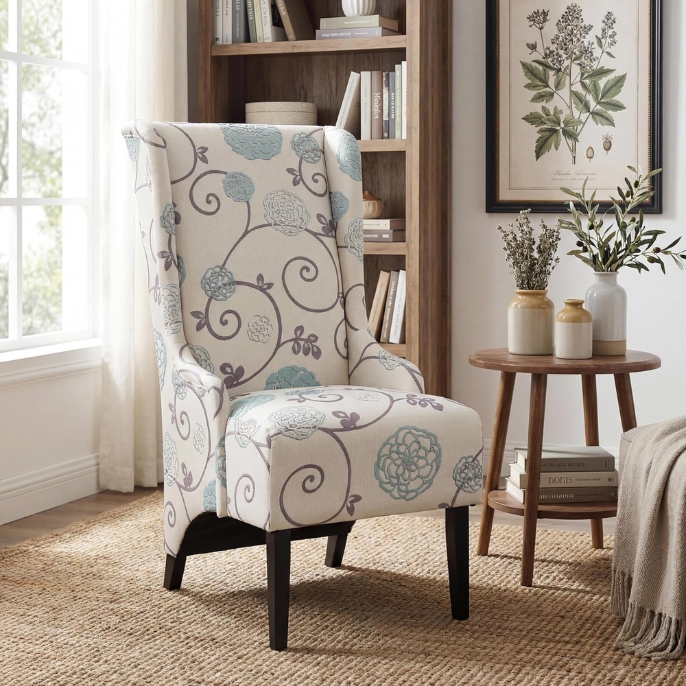 image:imageChristopher Knight Home Micua Luxury Upholstered Dining Chair with Floral Fabric Accent Dining Room Chair with High Wingback Comfy Living Room Chair and Birch Wood Legs Extra Seating Beige  BlackBeige  BlackFloral