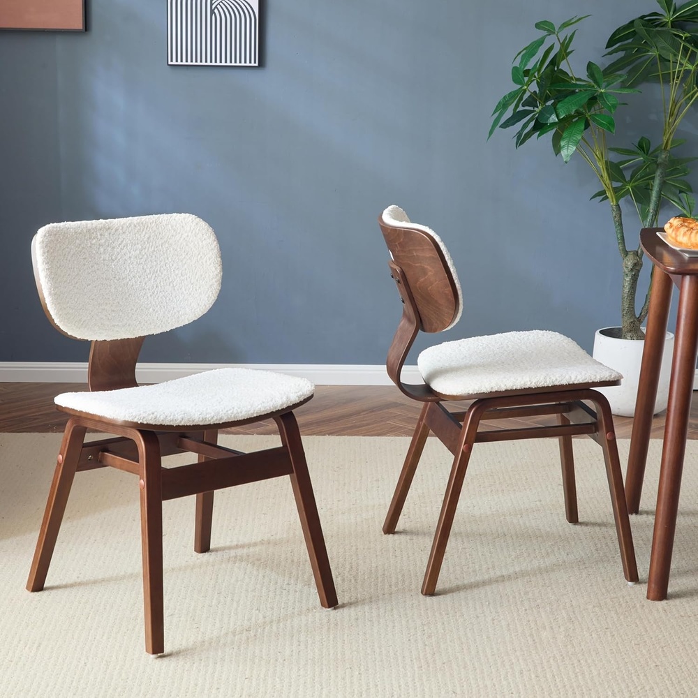 image:imageChristopher Knight Home Set of 2 Soft Boucle Fabric Upholstered Dining Chairs with Wood Frame Curved Backrest Armless Accent Chair Side Chair with Support Bar Dining Room Kitchen White and Walnut