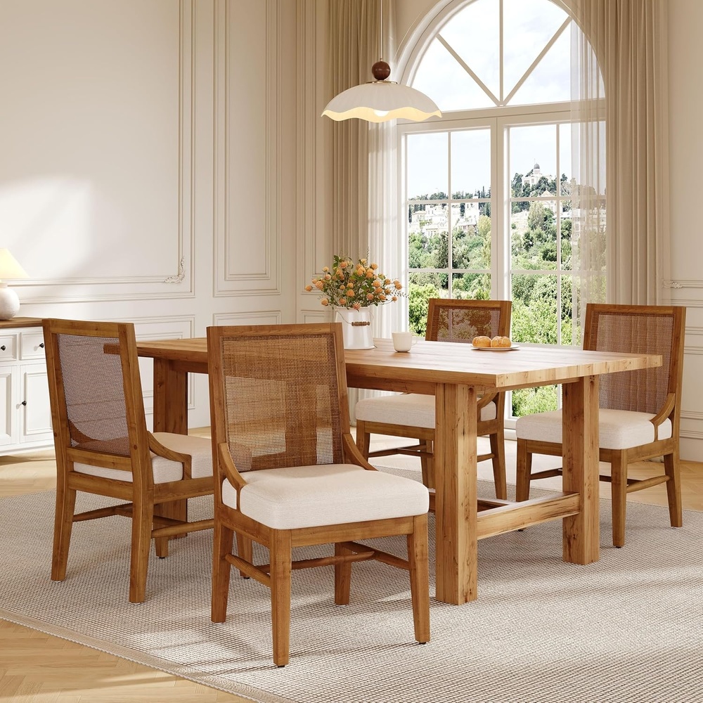 image:imageChristopher Knight Home Upholstered Dining Chairs Set of 4 with Rattan Cane Back Natural Rubber Wood Frame Beige Fabric Seat Modern Farmhouse Kitchen Dining Chairs WalnutBeige walnut