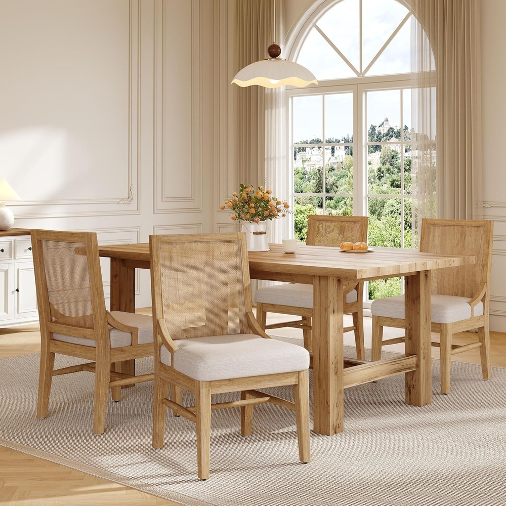 image:imageChristopher Knight Home Upholstered Dining Chairs Set of 4 with Rattan Cane Back Natural Rubber Wood Frame Beige Fabric Seat Modern Farmhouse Kitchen Dining Chairs WalnutBeigenatural