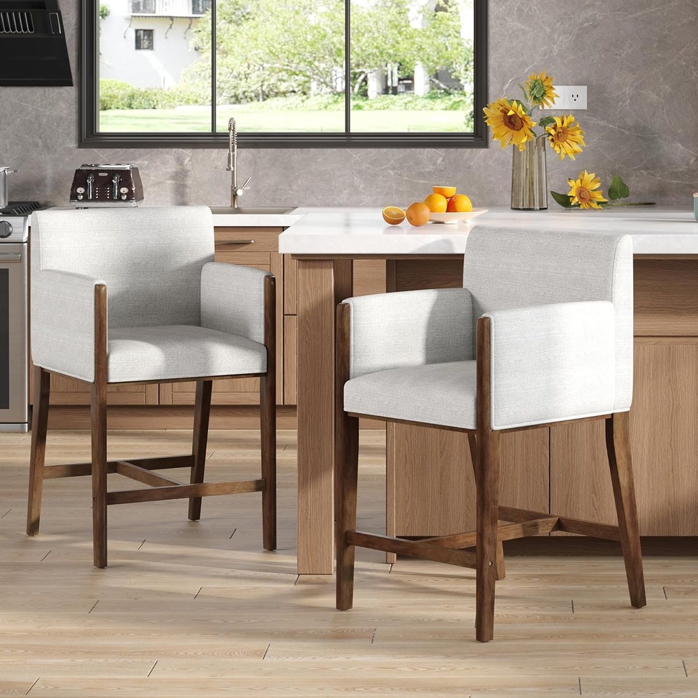 image:imageChristopher Knight Home Willer 24 Comfy Upholstered Counter Height Bar Stools Set of 2 Counter Stools for Kitchen Island Wood Dining Room Chair Bar Stool with FootrestArmrest Walnut  BeigeWalnut  Beige