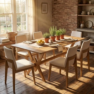 Christopher Knight Home Freya Mid Century Modern Dining Table Set for 6, Upholstered Dining Chairs and 63″ Double V Base Table Set, 7 Piece Wooden Rectangular Dining Room Table Set for 6,Beige+Natural(Beige+natural)