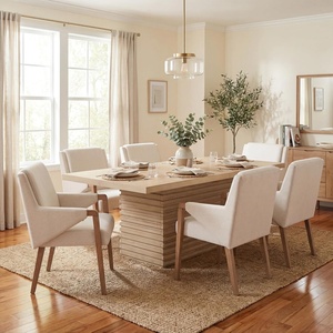 Christopher Knight Home Peysa 7-piece Dining Table Set for 6, Wooden Dining Room Table Set for 6 People, Upholstered Dining Chairs Set + Dinner Table with Pedestal Base, Light Natural + Light Beige(Light Natural + Light Beige)