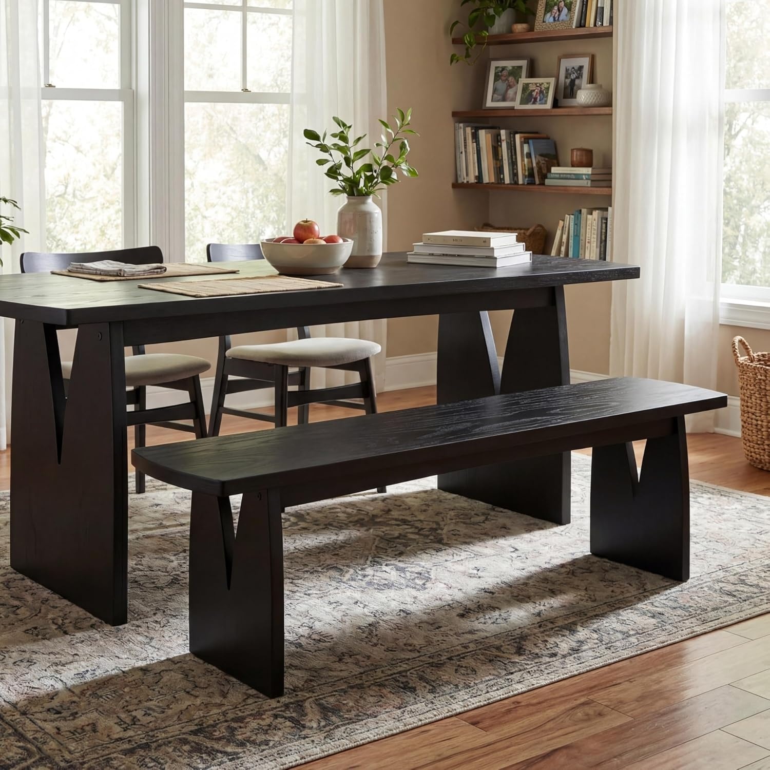 image:imageChristopher Knight Home 63 W Dining Bench Modern Farmhouse Entryway Bench Indoor Solid Wood Bench with Acacia Legs amp MDF Seat Long Bench for Dining Room Bedroom End of Bed Hallway 400 lbs Black
