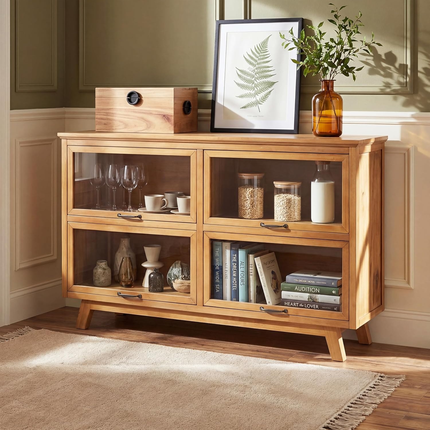 image:imageChristopher Knight Home Arimo Modern Storage Cabinet with Glass Doors Wooden Display Cabinet with Shelves and 4 Doors Accent Cabinet for Living RoomKitchen Spacious Dining Room Cupboard Natural