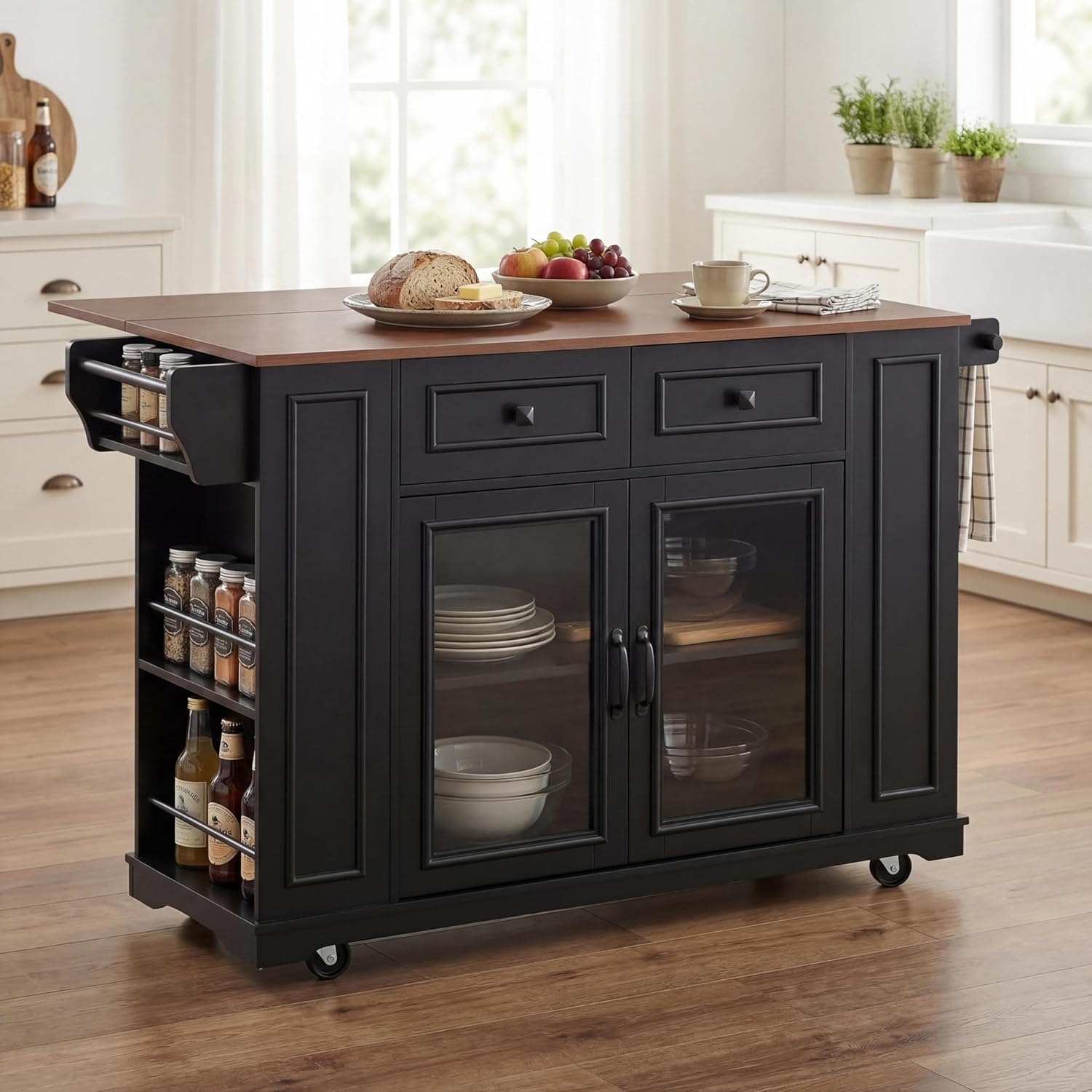 image:imageChristopher Knight Home Modern Kitchen Island Cart Rolling Kitchen Cart with Glass Door Cabinet Storage Drawers Power Outlet amp Shelves Wood Mobile Kitchen Island on Wheels for Dining Room WhiteBlackwalnut