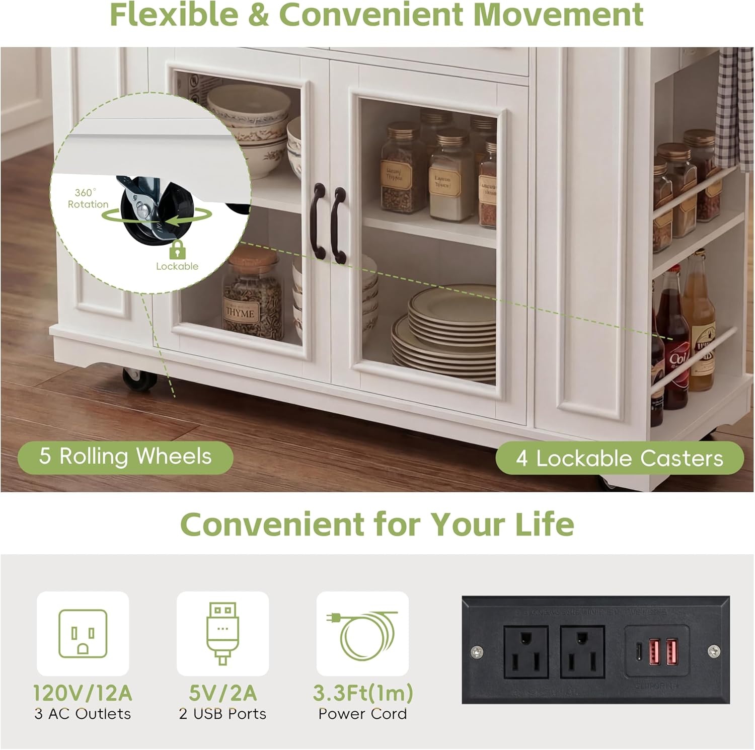 image:imageChristopher Knight Home Modern Kitchen Island Cart Rolling Kitchen Cart with Glass Door Cabinet Storage Drawers Power Outlet amp Shelves Wood Mobile Kitchen Island on Wheels for Dining Room WhiteWhitewalnut