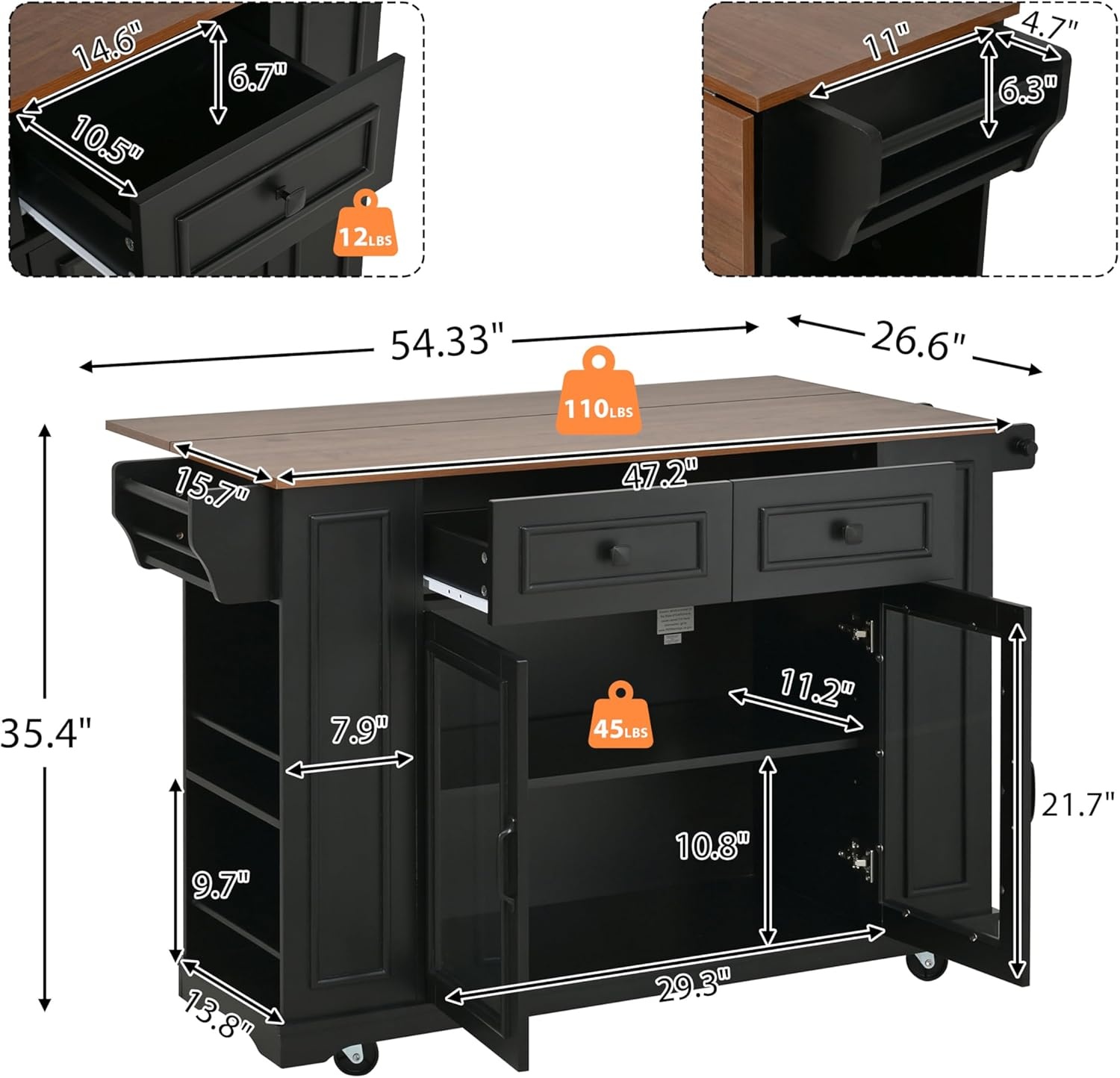 image:imageChristopher Knight Home Modern Kitchen Island Cart Rolling Kitchen Cart with Glass Door Cabinet Storage Drawers Power Outlet amp Shelves Wood Mobile Kitchen Island on Wheels for Dining Room WhiteBlackwalnut