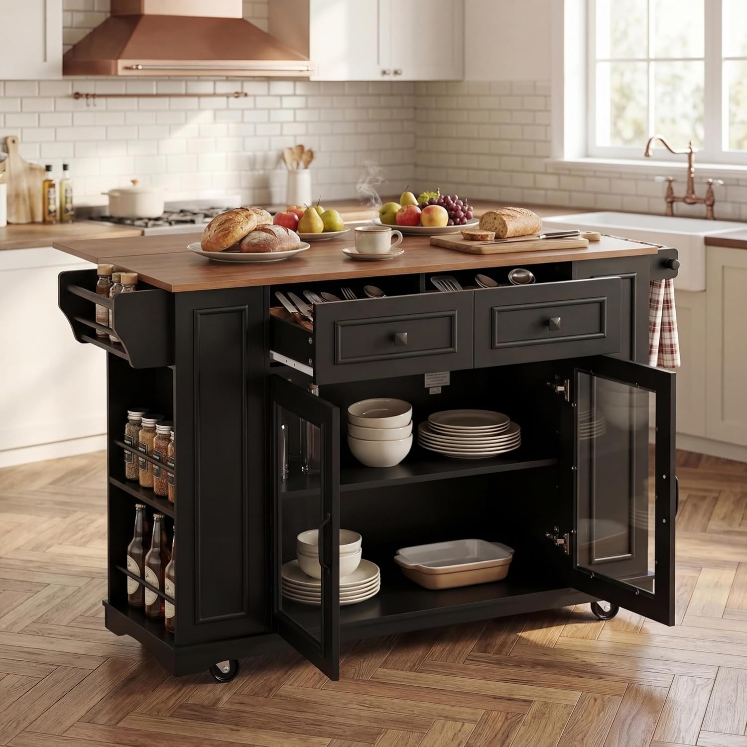 image:imageChristopher Knight Home Modern Kitchen Island Cart Rolling Kitchen Cart with Glass Door Cabinet Storage Drawers Power Outlet amp Shelves Wood Mobile Kitchen Island on Wheels for Dining Room WhiteBlackwalnut