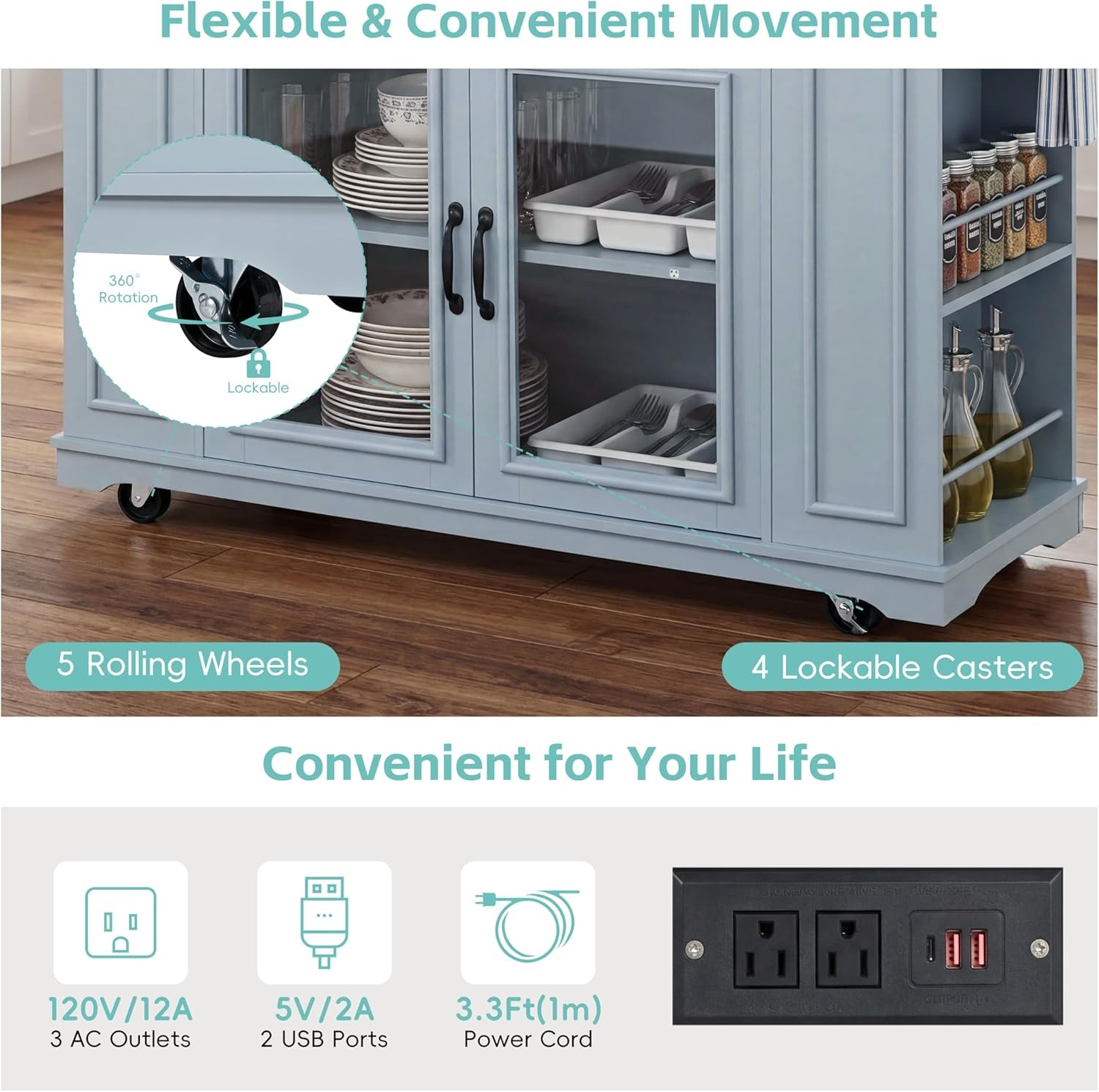 image:imageChristopher Knight Home Modern Kitchen Island Cart Rolling Kitchen Cart with Glass Door Cabinet Storage Drawers Power Outlet amp Shelves Wood Mobile Kitchen Island on Wheels for Dining Room WhiteBlue Gray