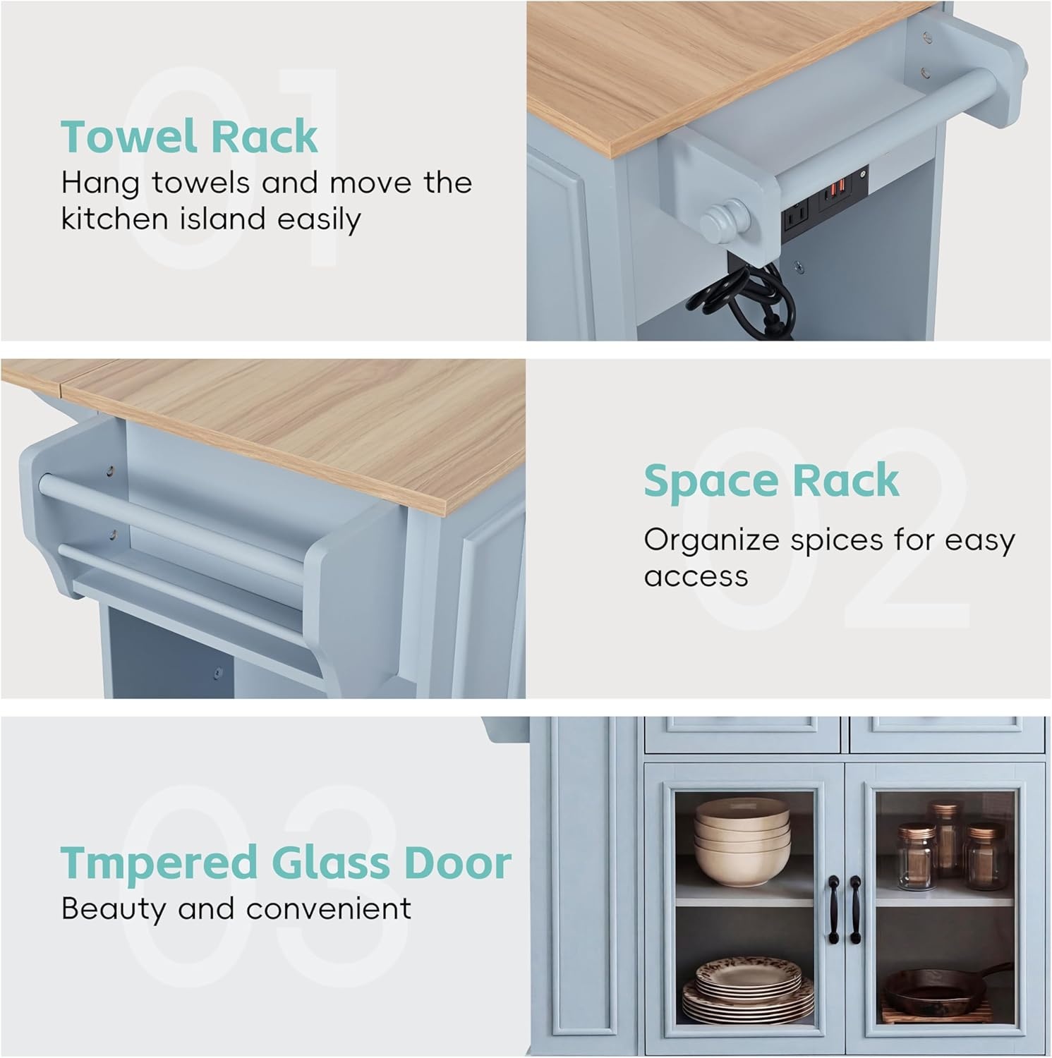 image:imageChristopher Knight Home Modern Kitchen Island Cart Rolling Kitchen Cart with Glass Door Cabinet Storage Drawers Power Outlet amp Shelves Wood Mobile Kitchen Island on Wheels for Dining Room WhiteBlue Gray