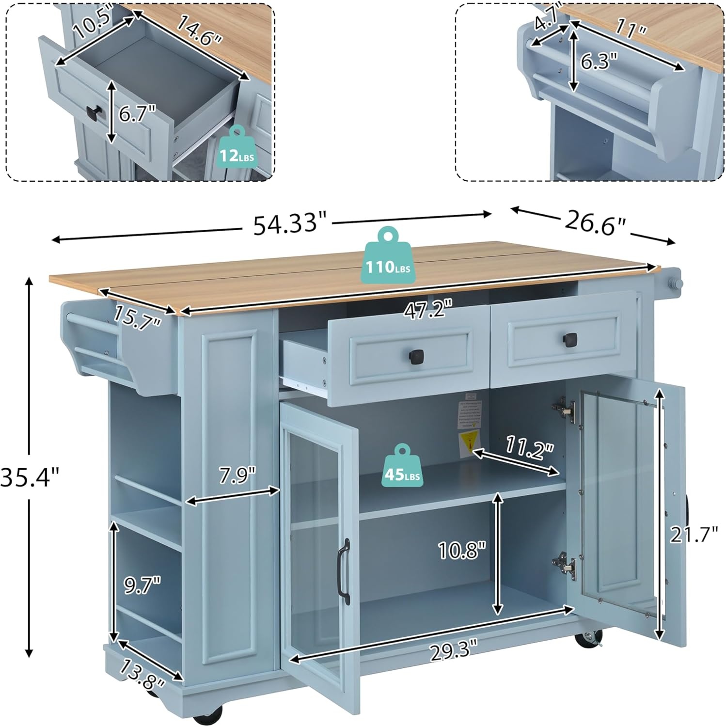 image:imageChristopher Knight Home Modern Kitchen Island Cart Rolling Kitchen Cart with Glass Door Cabinet Storage Drawers Power Outlet amp Shelves Wood Mobile Kitchen Island on Wheels for Dining Room WhiteBlue Gray
