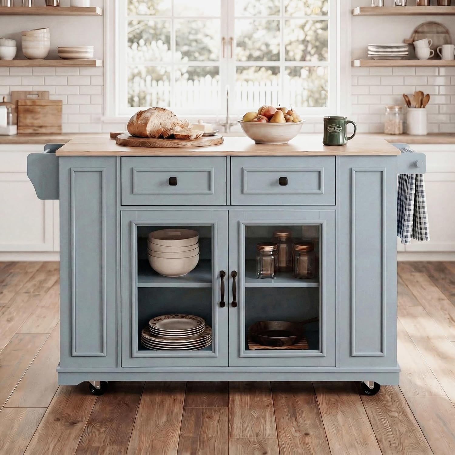image:imageChristopher Knight Home Modern Kitchen Island Cart Rolling Kitchen Cart with Glass Door Cabinet Storage Drawers Power Outlet amp Shelves Wood Mobile Kitchen Island on Wheels for Dining Room WhiteBlue Gray