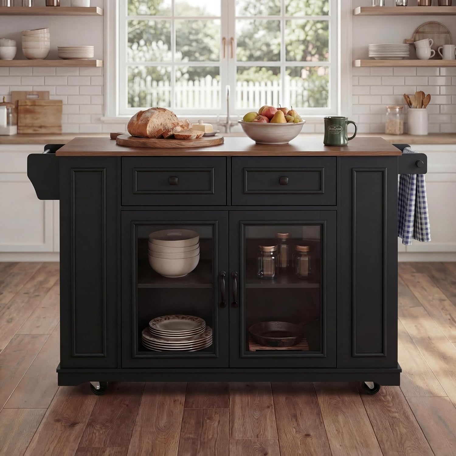 image:imageChristopher Knight Home Modern Kitchen Island Cart Rolling Kitchen Cart with Glass Door Cabinet Storage Drawers Power Outlet amp Shelves Wood Mobile Kitchen Island on Wheels for Dining Room WhiteBlackwalnut