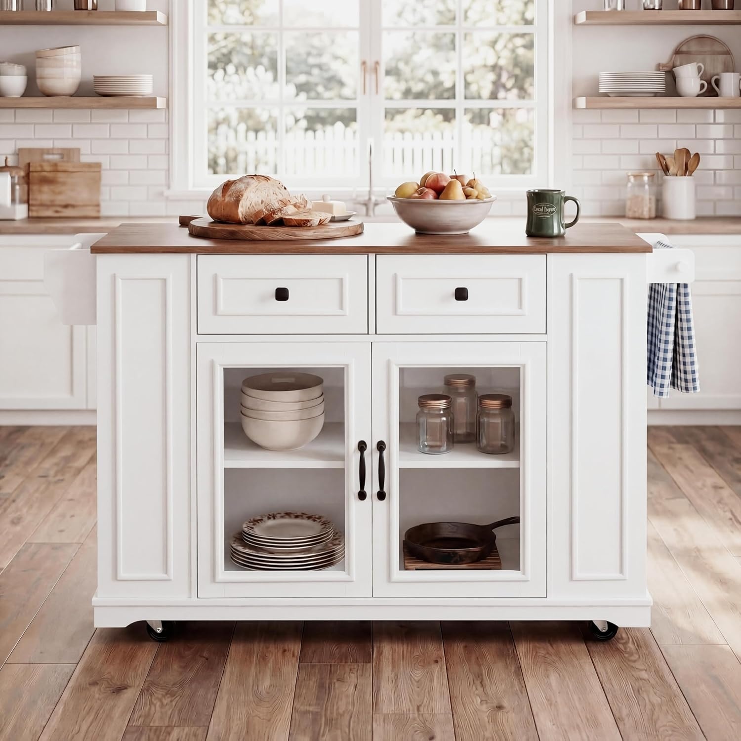 image:imageChristopher Knight Home Modern Kitchen Island Cart Rolling Kitchen Cart with Glass Door Cabinet Storage Drawers Power Outlet amp Shelves Wood Mobile Kitchen Island on Wheels for Dining Room WhiteWhitewalnut