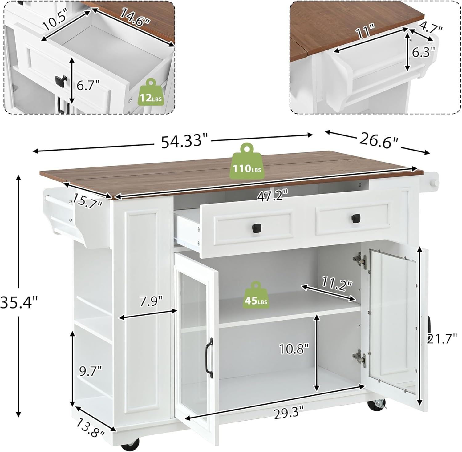image:imageChristopher Knight Home Modern Kitchen Island Cart Rolling Kitchen Cart with Glass Door Cabinet Storage Drawers Power Outlet amp Shelves Wood Mobile Kitchen Island on Wheels for Dining Room WhiteWhitewalnut