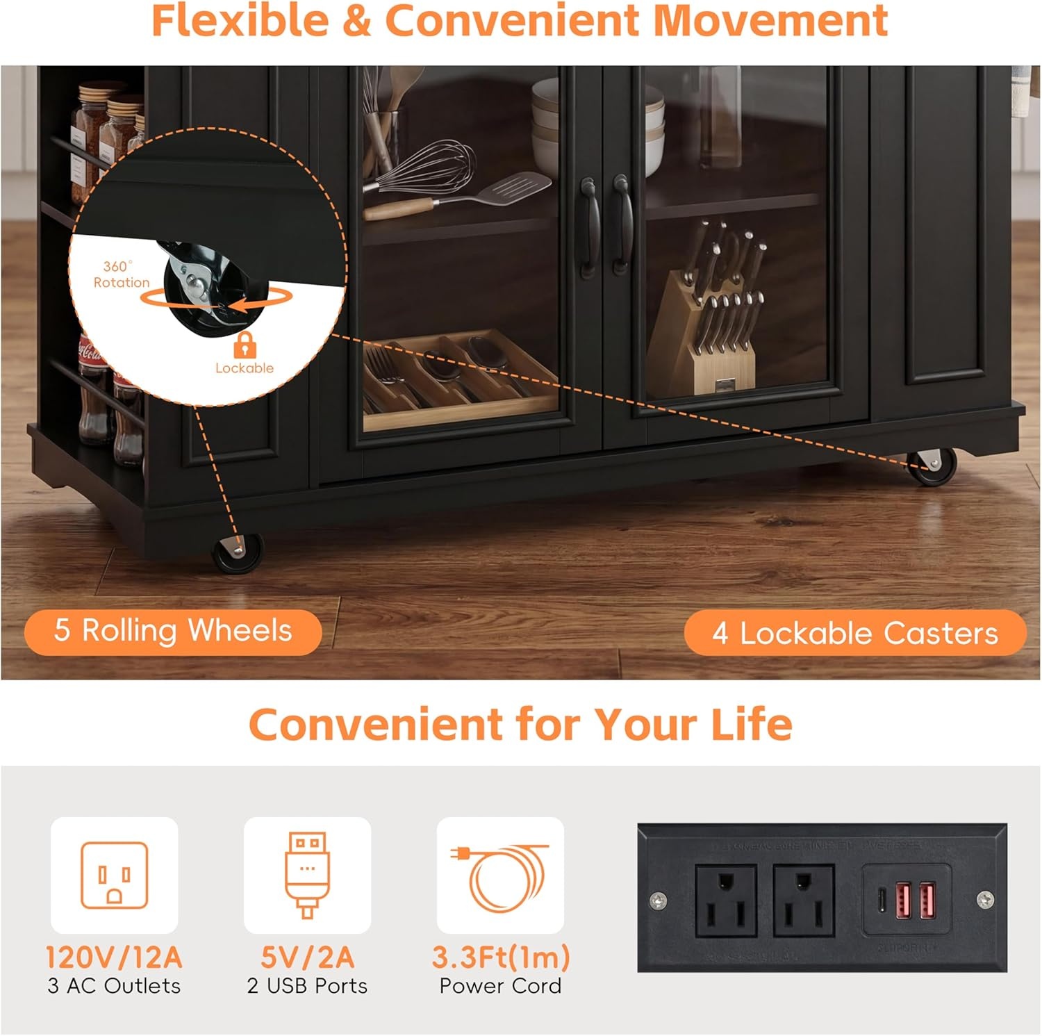 image:imageChristopher Knight Home Modern Kitchen Island Cart Rolling Kitchen Cart with Glass Door Cabinet Storage Drawers Power Outlet amp Shelves Wood Mobile Kitchen Island on Wheels for Dining Room WhiteBlackwalnut