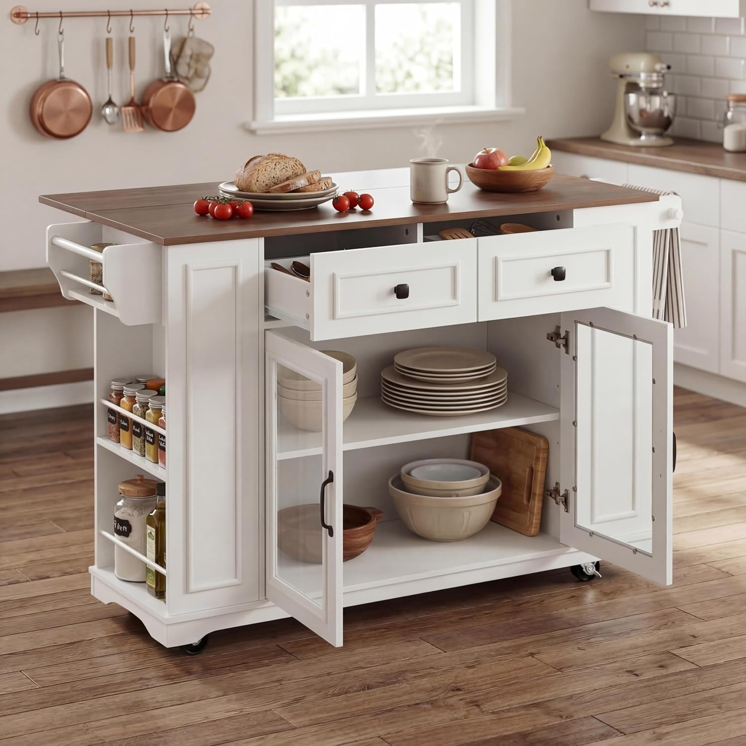 image:imageChristopher Knight Home Modern Kitchen Island Cart Rolling Kitchen Cart with Glass Door Cabinet Storage Drawers Power Outlet amp Shelves Wood Mobile Kitchen Island on Wheels for Dining Room WhiteWhitewalnut