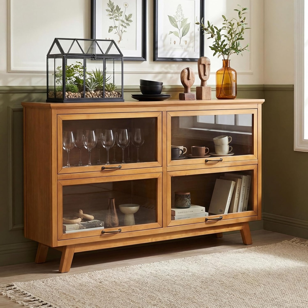 image:imageChristopher Knight Home Arimo Modern Storage Cabinet with Glass Doors Wooden Display Cabinet with Shelves and 4 Doors Accent Cabinet for Living RoomKitchen Spacious Dining Room Cupboard Natural