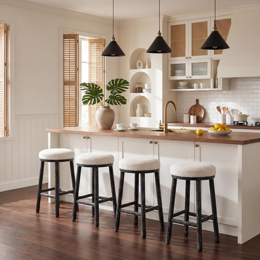 image:imageChristopher Knight Home Cora Counter Height Bar Stools Set of 4 Boucle Fabric Round Bar Stool for Kitchen Island Wooden Backless Dining Room Chair Counter Stool with Footrest NaturalBeigeBlackbeige