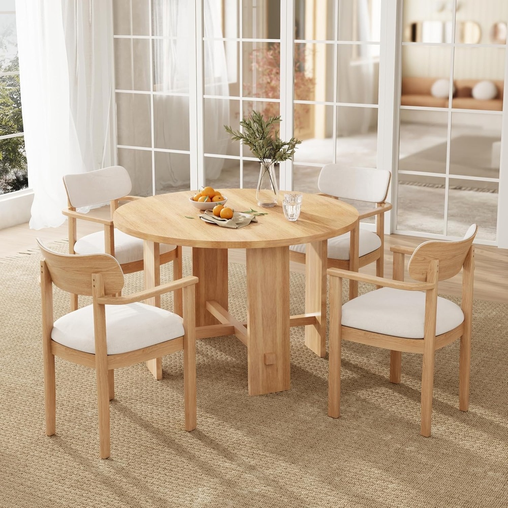 image:imageChristopher Knight Home Hannes Modern Round Dining Table Set for 4 5 Piece Dining Room Table Set for 4 Rubberwood Kitchen Table and Dining Chair Set of 4 NaturalMilky White