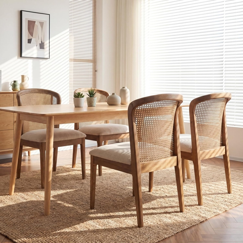 image:imageChristopher Knight Home Lilia Dining Chairs Set of 4 Modern Dining Chair with Fabric Upholstery Rubberwood Frame Kitchen Chairs with Cane Webbing Extra Seat for Dining Room Beige WalnutBeige Walnut