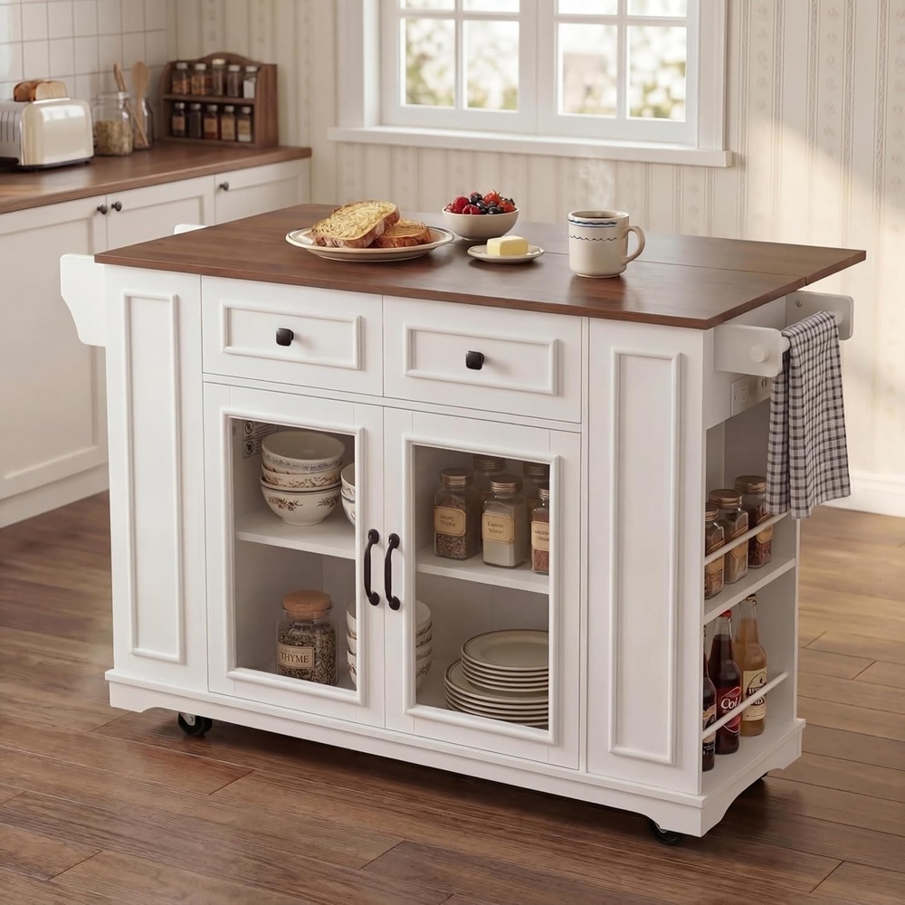 image:imageChristopher Knight Home Modern Kitchen Island Cart Rolling Kitchen Cart with Glass Door Cabinet Storage Drawers Power Outlet amp Shelves Wood Mobile Kitchen Island on Wheels for Dining Room WhiteWhitewalnut