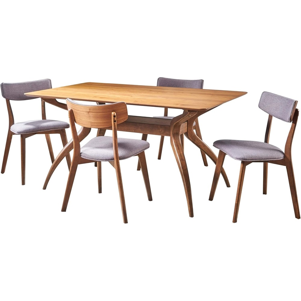 image:imageChristopher Knight Home Nissie MidCentury Wood Dining Set with Fabric Chairs 5Pcs Set Dark Grey Natural Walnut Finish