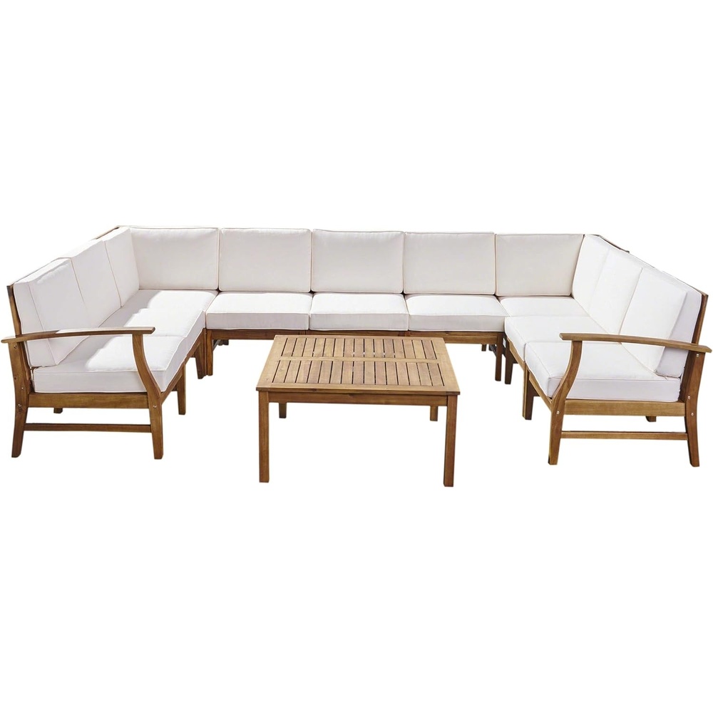 image:imageGreat Deal Furniture Judith Outdoor 9 Seater Acacia Wood Sectional Sofa Set with Cushions Teak with Blue Cushions304757Cream