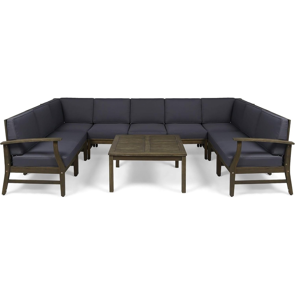image:imageGreat Deal Furniture Judith Outdoor 9 Seater Acacia Wood Sectional Sofa Set with Cushions Teak with Blue Cushions304757Dark Gray