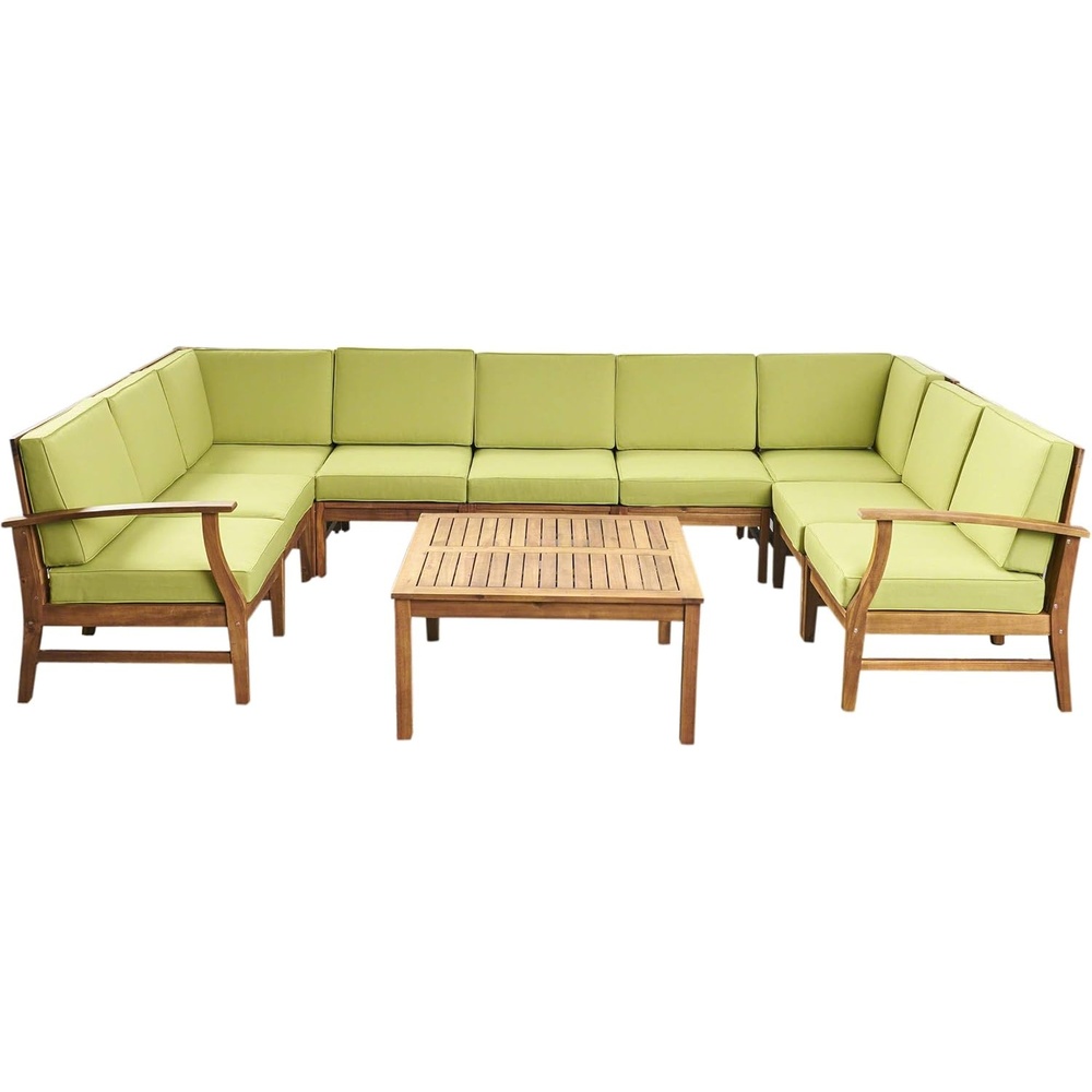 image:imageGreat Deal Furniture Judith Outdoor 9 Seater Acacia Wood Sectional Sofa Set with Cushions Teak with Blue Cushions304757Green