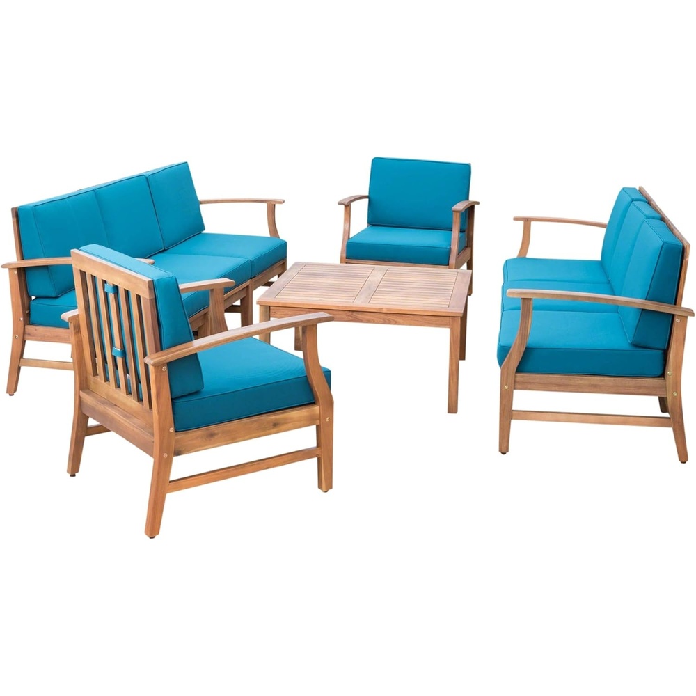 image:imageGreat Deal Furniture Lorelei Outdoor 8 Seater Teak Finished Acacia Wood Double Sofa and Club Chair Set with Blue Water Resistant Cushions303727Blue Cushion  Teak