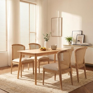 Christopher Knight Home Lilia Dining Chairs Set of 4, Modern Dining Chair with Fabric Upholstery, Rubberwood Frame Kitchen Chairs with Cane Webbing, Extra Seat for Dining Room, Beige + Walnut(Beige + Natural)