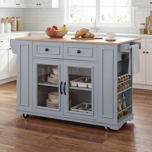 Christopher Knight Home Modern Kitchen Island Cart, Rolling Kitchen Cart with Glass Door Cabinet, Storage Drawers, Power Outlet & Shelves, Wood Mobile Kitchen Island on Wheels for Dining Room, White(Blue Gray)