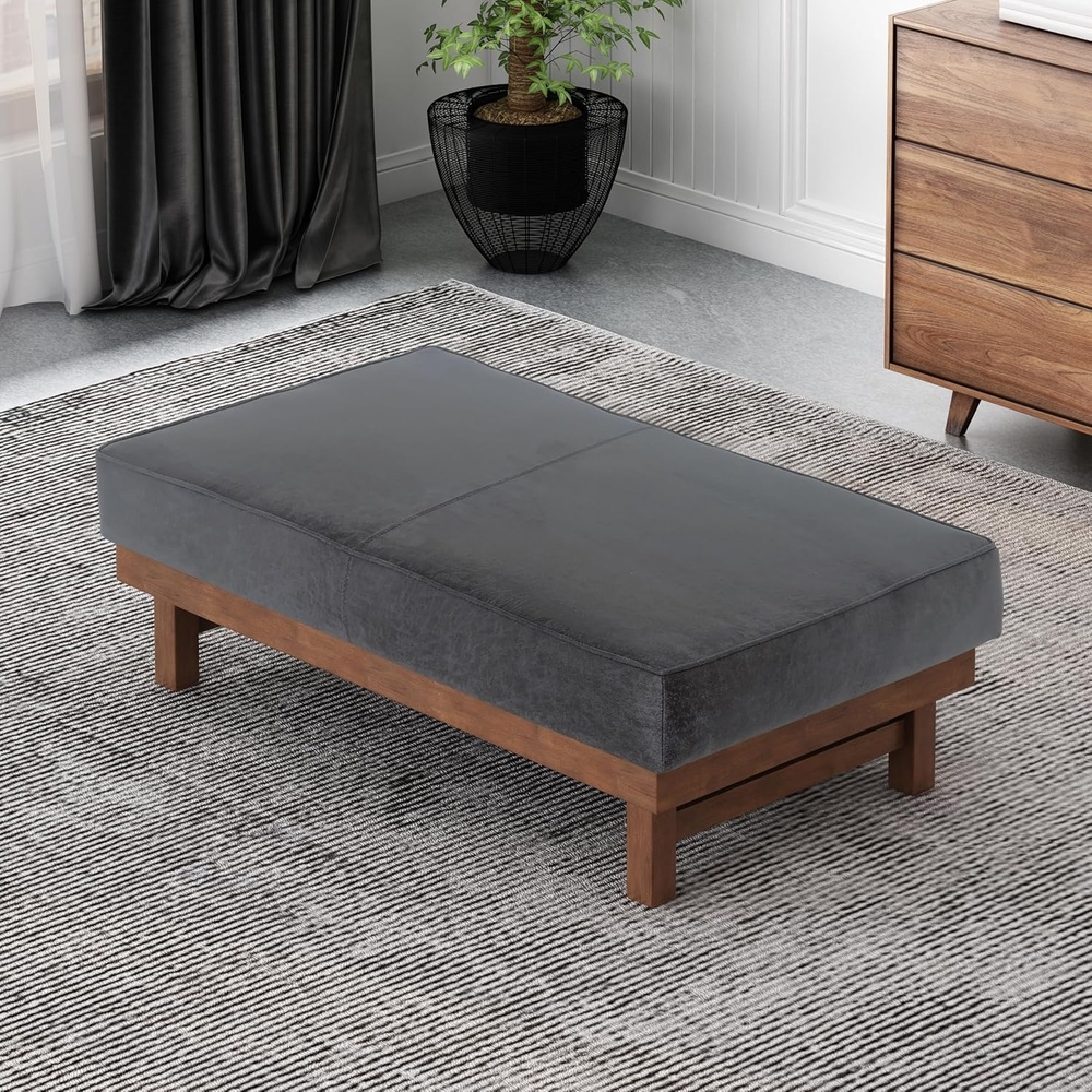 image:imageChristopher Knight Home Hillman Microfiber Cocktail Ottoman Bench Wood Frame Rectangular Upholstered Coffee Table Living RoomBedroomEntryway Sofa Extra Seat End of Bed Footstool Dark GrayWalnutDark Graywalnut